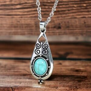 Boho Necklace Native American Turquoise Pendant Western Silver Vintage Style